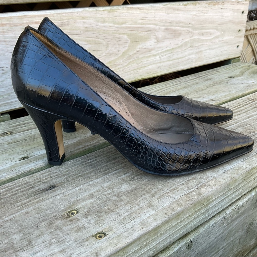 ANYI LU Black Heels Leather Croc Embossed Pumps Italian Handmade EU 41.5 US 11